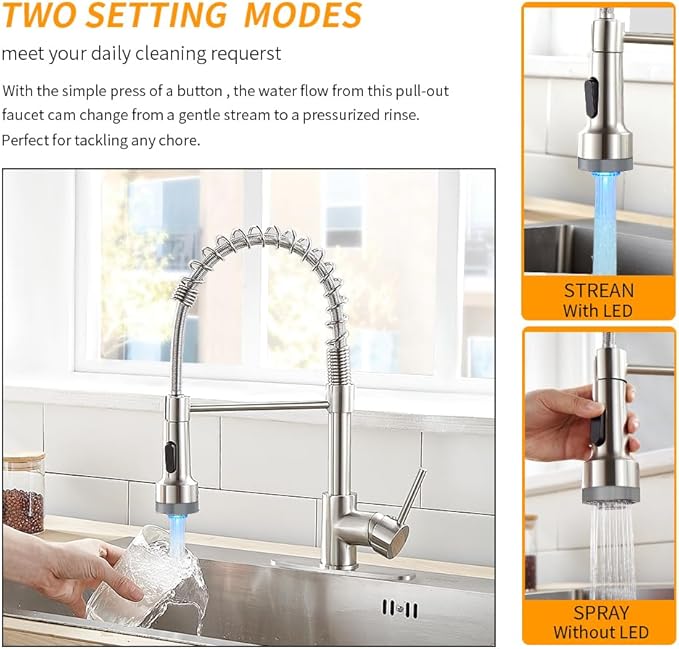 OWOFAN LED Light Kitchen Faucet with Pull Down Sprayer Sus304 Stainless Steel Industrial Single Handle Faucet for Farmhouse Camper Laundry Utility Rv Wet Bar Sinks Brushed Nickel 9005SN