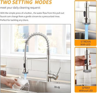OWOFAN LED Light Kitchen Faucet with Pull Down Sprayer Sus304 Stainless Steel Industrial Single Handle Faucet for Farmhouse Camper Laundry Utility Rv Wet Bar Sinks Brushed Nickel 9005SN