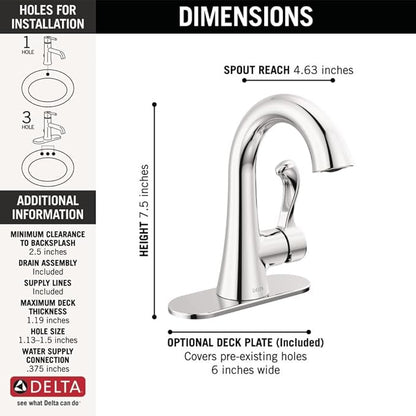 Delta Esato Chrome Bathroom Faucet 1 Hole, Single Hole Bathroom Sink Faucet for Vanity, Push-Pop Drain Assembly, Chrome 15897LF