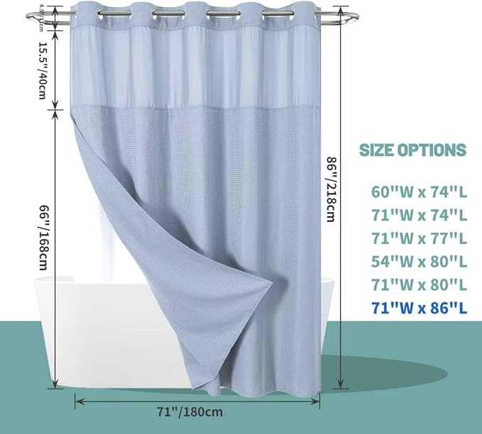 No Hook Long Waffle Shower Curtain, Snap-In Liner, 71x86 in, Frost Blue | 230 GSM waffle weave fabric, waterproof liner set with 2 bottom magnets, mesh top window, washable, for bathroom or hotel use