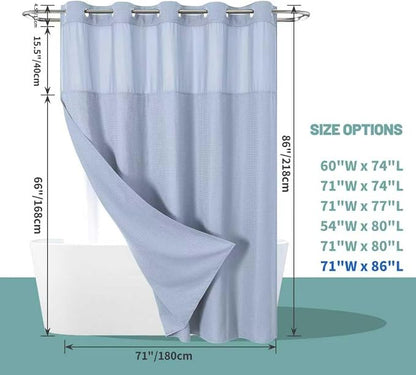 No Hook Long Waffle Shower Curtain, Snap-In Liner, 71x86 in, Frost Blue | 230 GSM waffle weave fabric, waterproof liner set with 2 bottom magnets, mesh top window, washable, for bathroom or hotel use