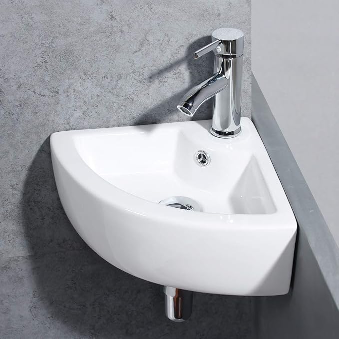 Wall Mount Corner Bathroom Sink Triangle Bathroom Basin 12.8x12.8x5.1inch | Glossy ceramic glaze; stain resistant; quick draining bowl; measure wall space pre-order; fits powder room & RV