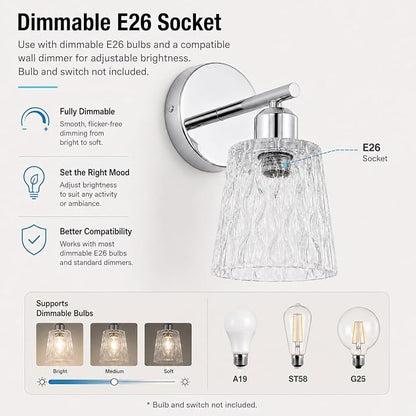 Chrome 1 Light Bathroom Vanity Lights, 2 Pack, with Textured Glass Shades, E26 Sockets, Bathroom Light Fixtures Over Mirror, Modern Lighting Fixtures Wall Lamp Vanity Lights