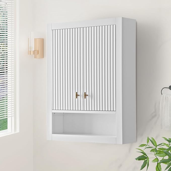 HOMEBEYOND 24 Inches Bathroom Vanity Wall Mount Storage Cabinet & Shelves, Free-Standing Vanity with Soft-Closing Doors, Golden Brushed Handware, White