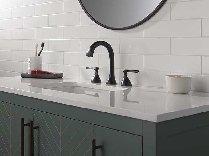 Delta Bonacci Matte Black Bathroom Faucet 3 Hole, 8 Inch Widespread Bathroom Sink Faucet for Vanity, Metal Push-Pop Drain Assembly, Matte Black 3545-BL-DST
