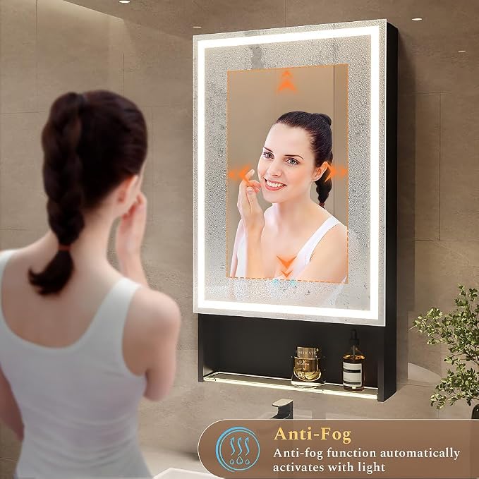 20"×34" Lighted Medicine Cabinet with Mirror Adjustable Brightness 3 Color Temperature Lighting Anti-Fog Sturdy Aluminum led Medicine Cabinet Mirror 2 Socket & 2 USB Ports & Adjustable Shelf