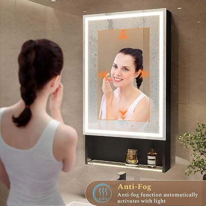 20"×34" Lighted Medicine Cabinet with Mirror Adjustable Brightness 3 Color Temperature Lighting Anti-Fog Sturdy Aluminum led Medicine Cabinet Mirror 2 Socket & 2 USB Ports & Adjustable Shelf