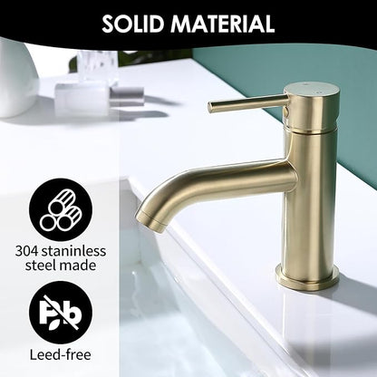 Single Handle Black Bathroom Faucet with Metal Drain Assembly and Escutcheon,Brushed Gold