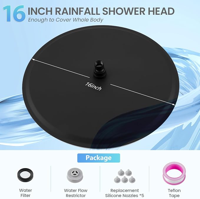 16 inch Matte Black Round Ceiling Rainfall Shower Head, All Metal Stainless Steel 304, Full Body Rainfall Shower with 230 Silicone Nozzles