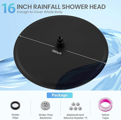 16 inch Matte Black Round Ceiling Rainfall Shower Head, All Metal Stainless Steel 304, Full Body Rainfall Shower with 230 Silicone Nozzles