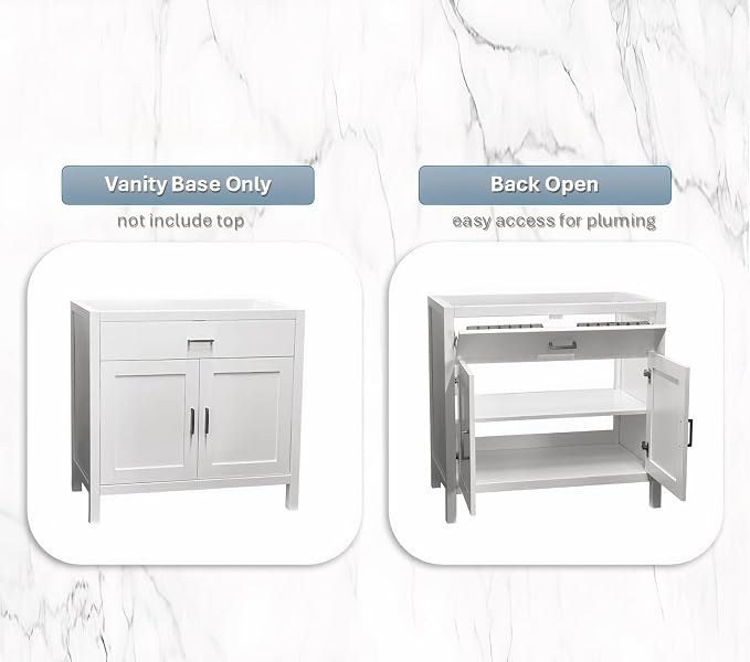 24" White Bathroom Vanity Base Only – Freestanding Solid Wood Sink Cabinet with Tip-Out Drawer, Shaker Style Storage, No Top or Sink, 36" W x 21" D x 34.5" H