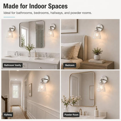 Brushed Nickel Bathroom Light Fixtures, 1-Light Modern Vanity Wall Sconce, 2-Pack, Textured Glass Shades, Stainless Steel Construction, E26 Sockets (Bulbs Not Included)