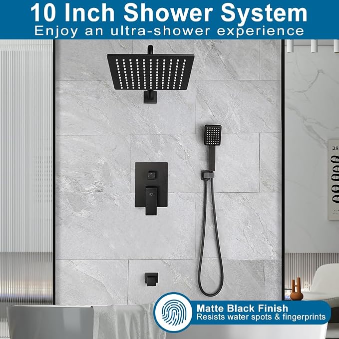Matte Black Shower Tub Faucet Set Bathroom Rain Shower System with Tub Spout Wall Mounted Rainfall 10 Inch Shower Head and Handle Set Include Shower Valve and Trim Kit