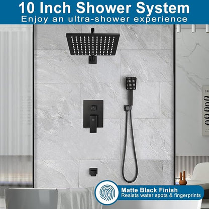 Matte Black Shower Tub Faucet Set Bathroom Rain Shower System with Tub Spout Wall Mounted Rainfall 10 Inch Shower Head and Handle Set Include Shower Valve and Trim Kit