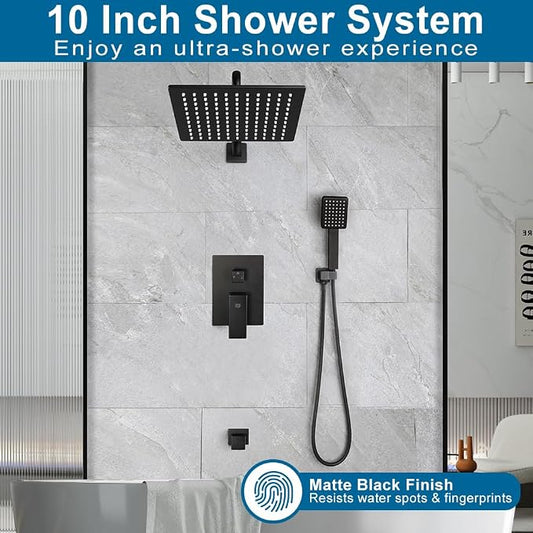 Matte Black Shower Tub Faucet Set Bathroom Rain Shower System with Tub Spout Wall Mounted Rainfall 10 Inch Shower Head and Handle Set Include Shower Valve and Trim Kit