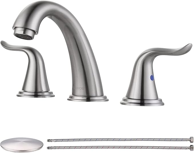 WOWOW Widespread Bathroom Faucet 2 Handle 3 Hole Solid Brass Stainless Steel Vanity Lavatory Bathroom Basin Brushed Nickel Sink Faucets with Pop Up Drain Stopper