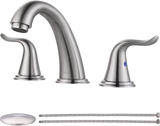 WOWOW Widespread Bathroom Faucet 2 Handle 3 Hole Solid Brass Stainless Steel Vanity Lavatory Bathroom Basin Brushed Nickel Sink Faucets with Pop Up Drain Stopper