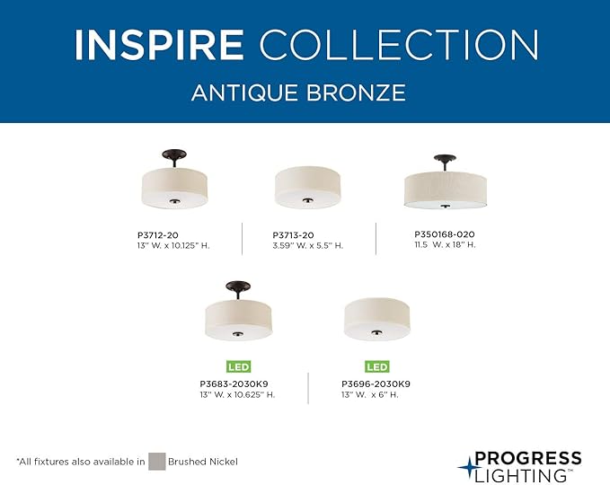 Progress Lighting P3696-2030K9 Inspire One-Light LED Flush Mount, Antique Bronze 6.00x13.00x13.00