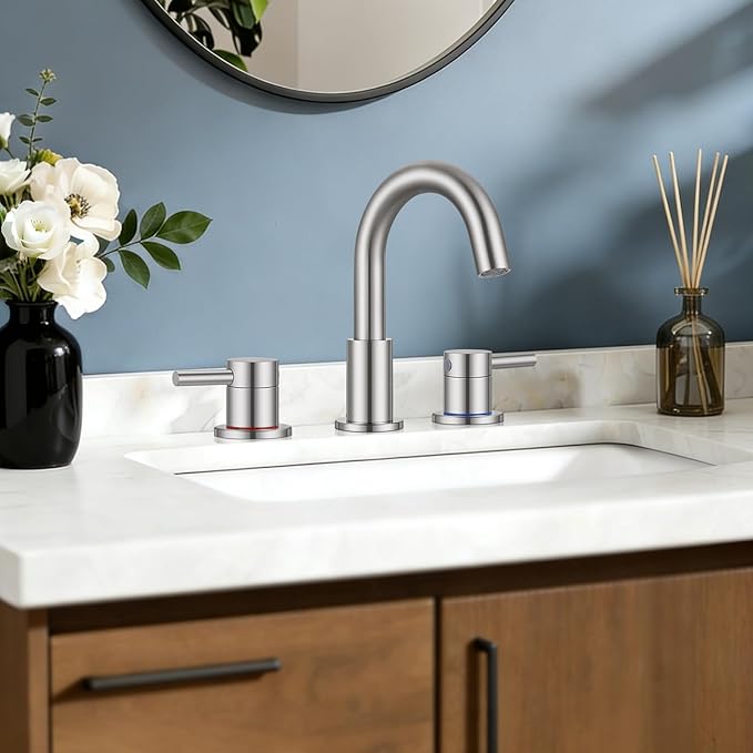 FGKQ Brushed Nickel Bathroom Faucet 3 Hole, 8 inch Widespread Bathroom Faucets for Sink 3 Hole Brushed Nickel with Pop-Up Drain Water Supply Lines