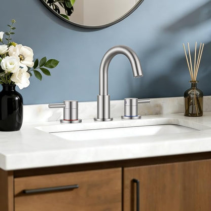 FGKQ 3-Hole 2-Handle Widespread Bathroom Sink Faucet, Brushed Nickel | Stainless steel, pop-up drain included, 360°swivel spout, for vanity sink 3-hole mount, 8-in widespread