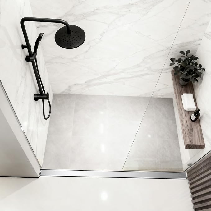 DLONE® Linear Shower Drain - 96 Inch Brushed Nickel, with Tile Insert Panel | AISI 304 Stainless Steel Linear Drain, Rectangle Shower Floor Drain, with Adjustable Feet, Fits Bathroom & Balcony etc