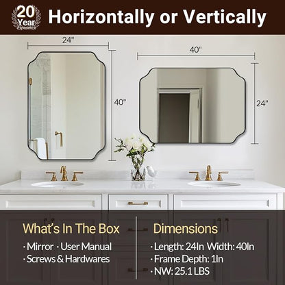 Matte Black Mirror 24x40 Inch, Scalloped Mirror for Bathroom, Unique Rectangular Bathroom Mirror in Premium Stainless Steel Metal Frame 1’’ Deep, Hangs Vertically/Horizontally