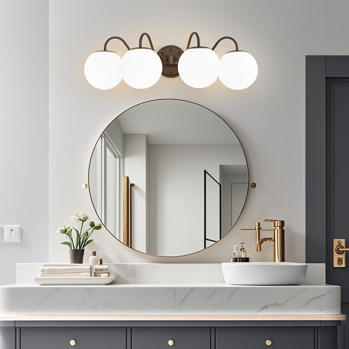 4 Lights Vintage Bathroom Vanity Light Fixtures Over Mirror, Oil Rubbed Bronze Vanity Lights For Bathroom With Milk Glass Globe Shade, Wall Lights For Bedroom, Hallway, Dressing Table(G9 Incl.)