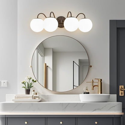 4 Lights Vintage Bathroom Vanity Light Fixtures Over Mirror, Oil Rubbed Bronze Vanity Lights For Bathroom With Milk Glass Globe Shade, Wall Lights For Bedroom, Hallway, Dressing Table(G9 Incl.)