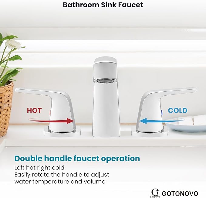 gotonovo Bathroom Sink Faucet 3 Holes 2 Handles Widespread 8 Inch Bathroom Faucet with Pop Up Drain Hot Cold Water Supply Lines Lavatory Vanity Mixer Tap, Thick Style, Polish Chrome