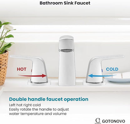 gotonovo Bathroom Sink Faucet 3 Holes 2 Handles Widespread 8 Inch Bathroom Faucet with Pop Up Drain Hot Cold Water Supply Lines Lavatory Vanity Mixer Tap, Thick Style, Polish Chrome