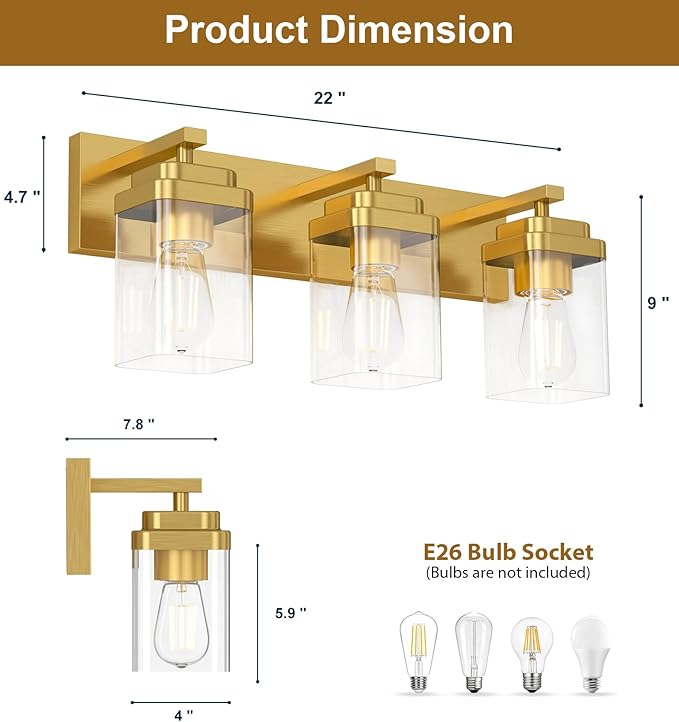 Brushed Gold Bathroom Light Fixtures, 3 Lights Bathroom Lighting Fixtures Over Mirror, Square Design & Rectangle Large Backplate, Modern Vanity Lighting Fixtures, for Living Room/Bedroom