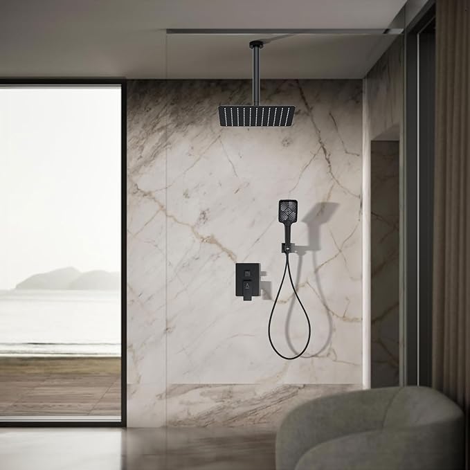 Rain Shower System 12IN Modern Brass Faucet Set With Valve and Diverter Shower Mixer With Handheld High Pressure Square Rainfall Shower Valve (12'' Ceiling Mount, Matte Black)