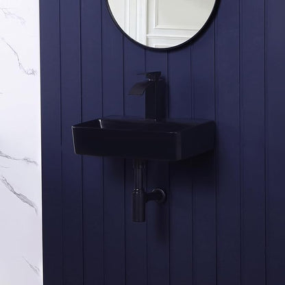 Wall Mount Bathroom Vessel Sink Matte Black 17.7"x11" Rectangular Floating Porcelain Ceramic Black Wall Hung Vanity Basin Sink for Home,RV,Bathroom