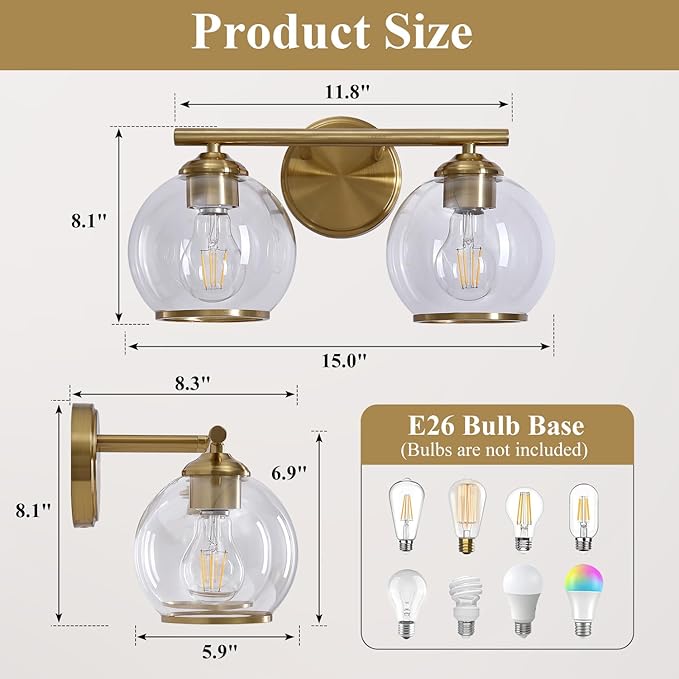 Brushed Gold Bathroom Vanity Light Over Mirror, 2 Light Bathroom Light Fixtures with Clear Globe Glass Shade, Modern Vanity Lighting Wall Mounted