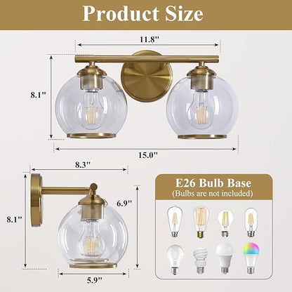 Brushed Gold Bathroom Vanity Light Over Mirror, 2 Light Bathroom Light Fixtures with Clear Globe Glass Shade, Modern Vanity Lighting Wall Mounted