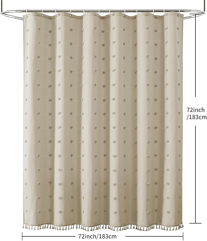 LilyCat Beige Farmhouse Tufted Floral Shower Curtain with Tassel, 72" x 72" | Waterproof Boho Fabric Shower Curtain Set with Hooks, Cute Rustic Vintage Bathroom Décor, Minimalist Cloth Bathroom Curtain