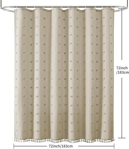 LilyCat Beige Farmhouse Tufted Floral Shower Curtain with Tassel, 72" x 72" | Waterproof Boho Fabric Shower Curtain Set with Hooks, Cute Rustic Vintage Bathroom Décor, Minimalist Cloth Bathroom Curtain