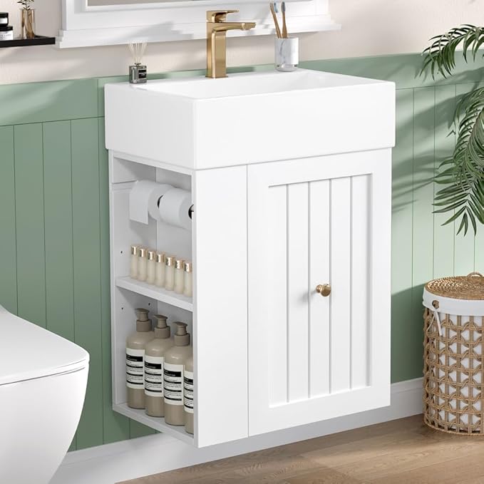 20" Floating Small Bathroom Vanity with Sink, Wall Mounted Vanity for Compact Bathrooms, Space-Saving Narrow Bathroom Vanities with Soft-Close Drawer Open Shelf Towel Bar (White,20" Floating Drawer)