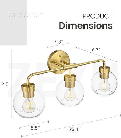 zeyu 3-Light Modern Vanity Light Fixture, 23 Inch Bathroom Light Fixtures Wall Mount with Clear Glass Globe Shade, Brushed Gold Finish, ZS62BG-3W BG