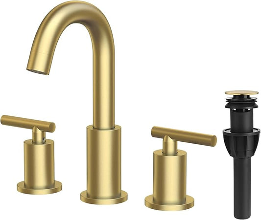 TRUSTMI Bathroom Faucet 3 Hole Brushed Gold - 8 Inch Widespread Brass Bathroom Vanity Sink Faucets in Gold with Swivel Spout, Include Overflow Drain and cUPC Supply Lines