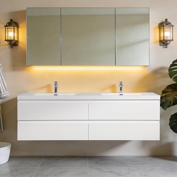 72 Inch Floating Bathroom Vanity with Sink,Glossy White | Storage Cabinet Wall Mounted Cabinet, Double Solid Surface Basin, 4 Soft Close Drawers, Fully Assembled