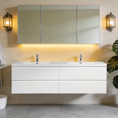 72 Inch Floating Bathroom Vanity with Sink,Glossy White | Storage Cabinet Wall Mounted Cabinet, Double Solid Surface Basin, 4 Soft Close Drawers, Fully Assembled