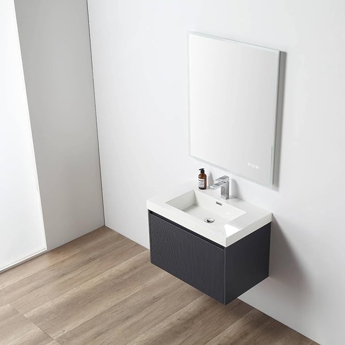 Blossom 30 Inch Bathroom Vanity with Sink | All Wood Wall Mounted Floating Bathroom Vanity Cabinet with Acrylic Sink, Soft-Close Drawer, Modern Minimalist Design Vanities (Night Blue Finish)