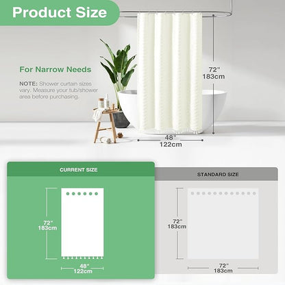 Dynamene Stall Fabric Shower Curtain, 48 Inch Wide Boho Farmhouse Tufted Chevron Striped Tassel Shower Curtain for Bathroom, Minimalist Ruffled Textured Cloth Shower Curtain Set, 8 Hook, 48x72, Cream