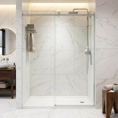 44-48" W x 76" H Frameless Sliding Shower Door, 1/4" (6mm) Clear Tempered Glass with Easy-to-Clean Coating, Brushed Nickel Square Rail, Ideal for Bathroom