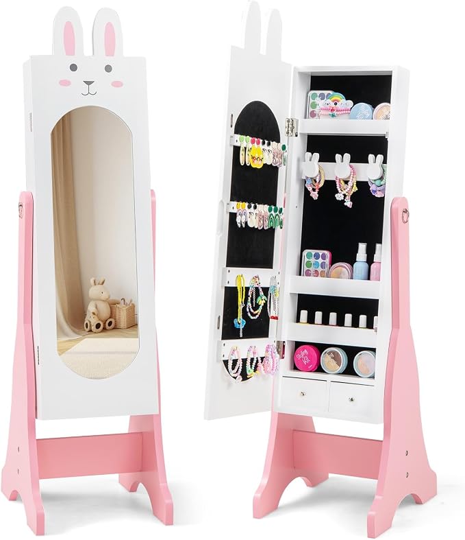 CHARMAID Kids Mirror Jewelry Cabinet - 45" Standing Jewelry Armoire with Full Length Mirror, Bunny Shaped Vanity Dressing Mirror for Girls, Kids Jewelry Organizer with Storage Drawers (White)