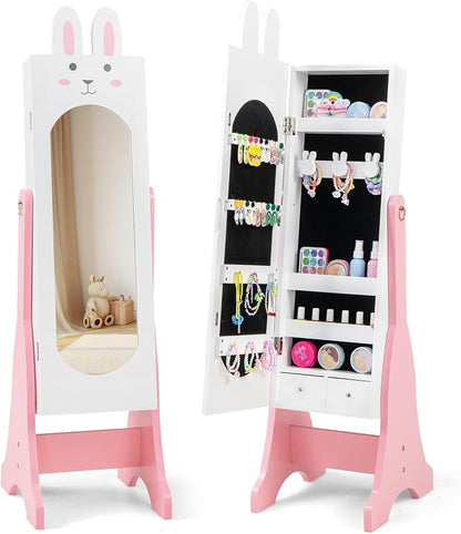 CHARMAID Kids Mirror Jewelry Cabinet - 45" Standing Jewelry Armoire with Full Length Mirror, Bunny Shaped Vanity Dressing Mirror for Girls, Kids Jewelry Organizer with Storage Drawers (White)