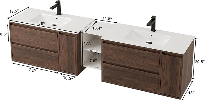 84 Inch Modern Floating Double Sink Bathroom Vanity, Wall-Mounted with Seamless Ceramic Top, Rounded Corners, Full-Extension Soft-Close Drawers & Concealed Drainage, White
