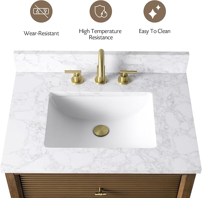 Vanity Art 30" Bathroom Vanity with Single Sink & Arabescato White Engineered Stone Top, Vanity Cabinet with Soft Closing Door, Solid Wood Frame, Golden Brushed Handles, Walnut VA8130-Walnut-GB