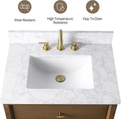 Vanity Art 30" Bathroom Vanity with Single Sink & Arabescato White Engineered Stone Top, Vanity Cabinet with Soft Closing Door, Solid Wood Frame, Golden Brushed Handles, Walnut VA8130-Walnut-GB